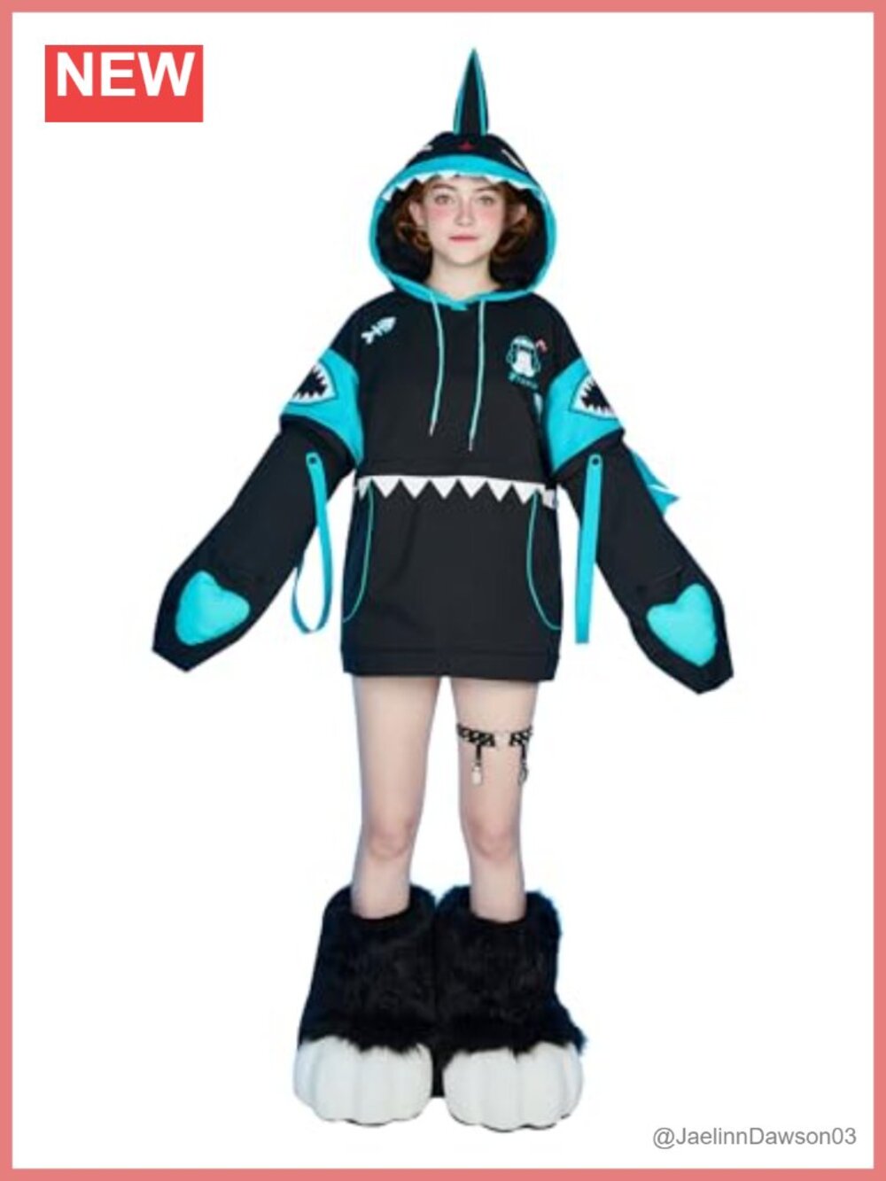 Shark Hoodie with Detachable Furry Paw Gloves and Skirt Embroidered Cosplay